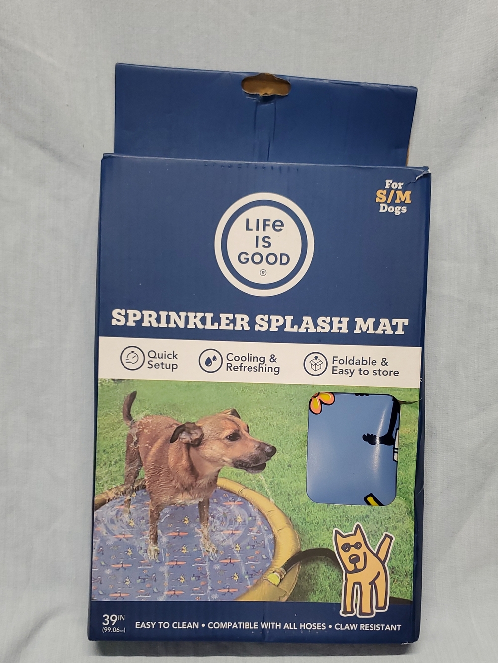 Life Is Good Blue and Yellow Sprinkler Splash Mat for Dogs